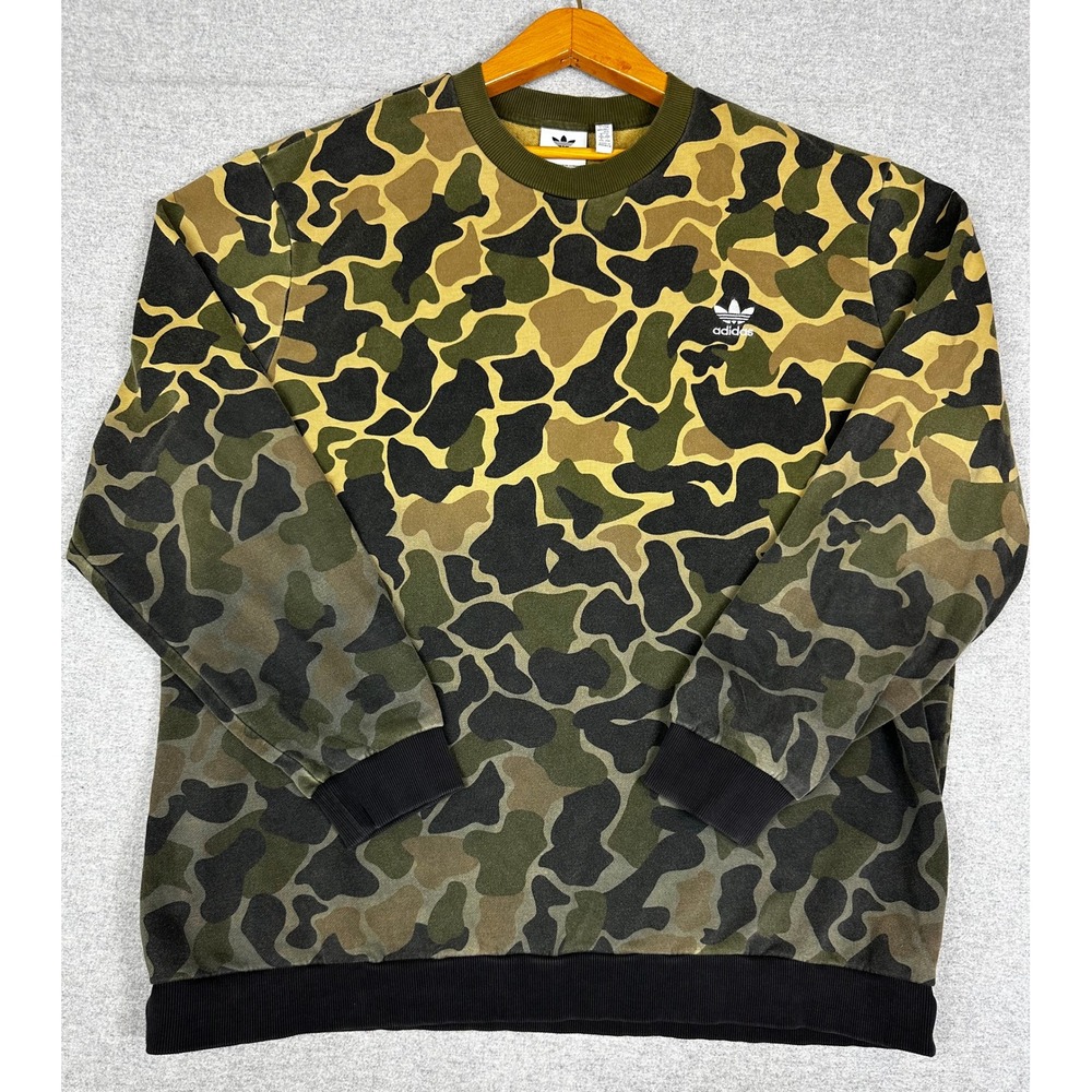 Adidas Sweatshirt Mens 2XL Green Duck Camo Ombre Trefoil Fleece Pullover